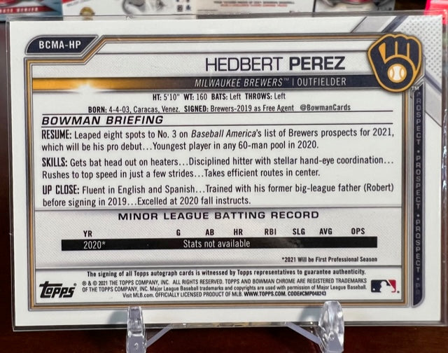 Hedbert Perez – Milwaukee Brewers – Autographed 2021 Bowman Chrome Refractor Prospect Card